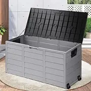 Garden Storage Box 290L with Wheels for Indoor/Outdoor, Weatherproof, Lockable, PP Material Deck Shed for Toys, Gardening Tools, Collectibles, Books, Clothes and Bedding, Easy Assemble (Black & Gray)