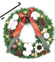 Christmas Wreath for Front Door with Lights, 16 Inch Artificial Door Wreath
