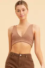 Brown V Neck Bralette Cotton Stretch - Size S, Women's Bralette