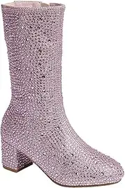 [ABSOLEX] Girl's Rhinestone Round Toe Knee High Chunky Low Heel Boot