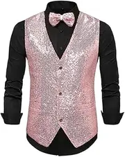 [HEYDHSDC] Men Vintage Sequins Suit Dress Vests With Pockets Ball Party Stage Performance Splice Waistcoat Pnnrk M