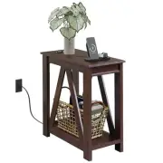 Narrow End Table with Charging Station of Open Storage Shelf，Sofa Side Table