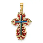14K Yellow Gold W/ Blue And Red Enameled Cross Charm