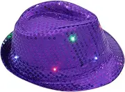 [FUDERU] Purple LED Light Up Sequin Fedora Fun Men’s Fedora Hats for Parties Festivals Accessories 4th of July Rapper