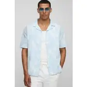 Mens Light Blue Oversized Leaf AOP Seersucker Shirt
