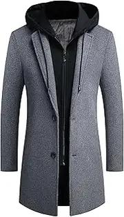 [Qolkmuiy-GJ] Men's Business Coat with Removable Hood, Winter Wool Blend Jacket, Removable Hooded Trench Coat