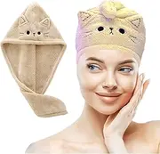 Microfiber Hair Towel Cat Print Cute, Hair Towels Wrap for Women Girls, Fast Dry Plopping Hair Turbans for Wet/Curly Hair, Hair Drying Towel Absorbent, Thick Hair Anti Frizz, Beige