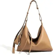[Talvryx] Women's Large Textured Leather Tote Bag with Detachable Mini Pouch - Soft Slouchy Shoulder Purse with Braided Strap in Light Brown