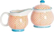 Nicola Spring Hand-Printed Milk & Sugar Set - 300ml - Orange Decorative Porcelain Dishwasher Safe Floral Pattern Milk Jug and Sugar Storage Container Set