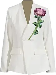 [Zadaos] Women Black Blazers Sequin Embellishment Floral Design Casual Suit Jacket
