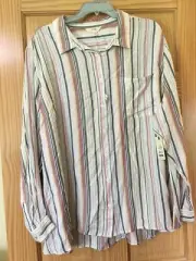 New Terra & Sky Women plus Size Button Front Long Sleeve Top Stripe