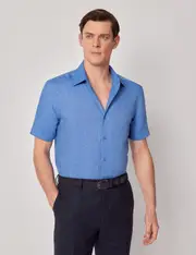 Hawes & Curtis Mid Blue Pure Linen Slim Short Sleeve Shirt | One Piece Collar Size: Small