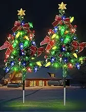 2PCS Solar Christmas Tree Lights Decorations Outdoor Solar Powered Prelit Small Christmas Tree for Holiday Outside Pathway Garden Yard Decor (type1)