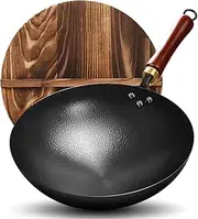 34cm Handmade Iron Wok Carbon Steel Cooking Pot with Wooden lid Nitriding Non-Rust Cooking Pot rund Bottom Wok for Gas Cooker