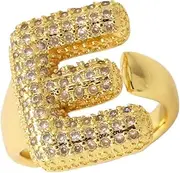 [Generic] Bubble Initial Ring for Women, 14k Gold Plate Balloon Jumbo Letter Rings Open Adjustable Dainty Pave CZ Personalized Fashion Trendy Statement Jewelry Gift (Letter E), Copper, Zircon