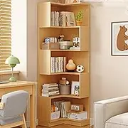 YQMHEZ 5-Tier Corner Shelf, Large Modern Organizer Standing, Corner Bookshelf Wall, Vintage Display Rack, Corner Shelves, Wood Organizer for Living Room(Natural)