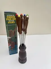 Vintage SET of 6 UNUSED FONDUE FORKS Wood Handles & Stand JAPAN NEW in Box