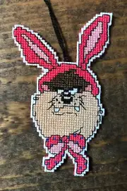 Handmade Cross Stitch Easter Ornament-Completed-Taz-Cartoon-Looney Tunes-Bunny