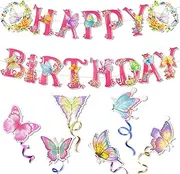 TEAONE Happy Birthday Banner, Butterfly Decorative Banner with Hanging Swirl Streamers for Party Backdrop