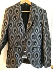 TOPMAN Two Piece Suit Jacket & Pants Silver Peacock Skinny Fit 36R Brand New Tag