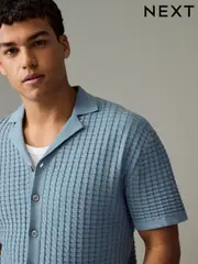 Blue Regular Fit 100% Cotton Short Sleeve Cuban Collar Textured Knit Shirt (B14414) | $62