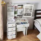 Dressing Table Stool Set With Smart LED Makeup Mirror 6 Drawers Wood Vanity Desk