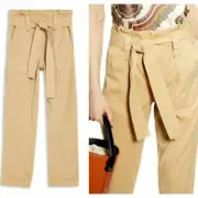 NEW TOPSHOP 12 Rory Paperbag Waist Utility Trousers Cuffed Crop Pants in Beige