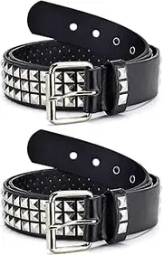 [LKERLAN] Punk Leather Belt,Studded Belt Square Beads Rivet Belt Metal Pyramid Belt for Jeans (Black(2 Pcs))