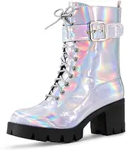 [Perphy] Platform Lace Up Round Toe Chunky Heel Combat Boots for Women