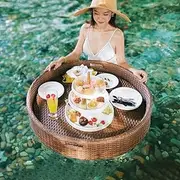 Round Floating Tray Swimming Pool Floating Beverage Bar with Handles Stylish Breakfast Tray on The Water for Adults Sandbars Spas Bath and Parties (Color : Brass, Size : 60cm)