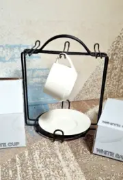 12 PC Espresso Tea White Porcelain Coffee Set 6 Cups & 6 Saucers With Metal Rack