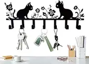 Flower Cat Key Holder, Iron Key Rack with Hooks, 11.81x4.13in Decorative Coat Towel Rack, Stylish Functional Design, Authentic Easy to Install for Entryway, Hallway & Garage
