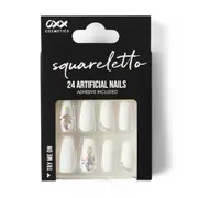 OXX Cosmetics 24 Pack Artificial Nails with Adhesive - Squareletto Shape, White Gem