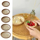 Round Storage Basket Brown&Beige Weaving Tray Display Platter Home Shop Hotel