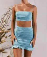 Sexy Two Piece Bodycon Outfit Top & Skirt Set with Ruffles in Light Blue Large