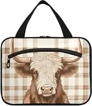 [sanluoli] Scotland Cow Pastel Brown hanging up toiletry bag for women with hook, designer necessities bag for toiletries for traveling women backpacking bolso para maquillaje, scotland cow pastel brown