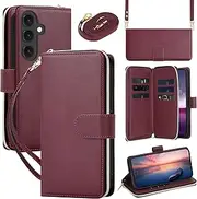 [GoshukunTech] for Galaxy S25 Case Wallet Leather, for Samsung Galaxy S24 5G/S25 5G Flip Case Wallet Cover Kickstand Zipper Purse 9 Card Holder with Wristlet Strap Crossbody Lanyard-Wine Red