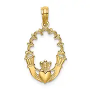 14K Yellow Gold Engraved Claddagh In Oval W/ Lace Trim Charm