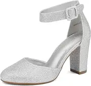 [DREAM PAIRS] Women’s Silver Glitter High Heel Closed Toe Chunky Wedding Pumps Shoes 6M US Angela