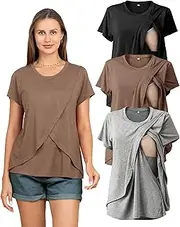[Rnxrbb] 3 Pack Women's Nursing Tops for Breastfeeding Summer Short Sleeve T Shirts Postpartum Double Layer Clothes