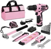 WORKPRO 12V PINK CORDLESS DRILL & HOME TOOL KIT HAND TOOL HOME DIY, 61 Pieces