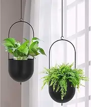Set of 2 Metal Hanging Planters Flower Pots Matte Black Big Size Pots Mid Century Modern for Home Dector Indoor & Outdoor