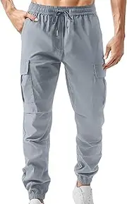 [Aosufei] Men's Elastic Waist Drawstring Stylish Tapered Pants Casual Solid Cargo Athletic Trousers Comfort Work Outdoor Pants, Light Grey, Small
