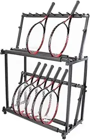 Ball Storage Holder Black 2-Shelf Tennis Racket Holder, Heavy Duty Guitar Storage Stand for 14 Guitars, Badminton Racquet Rack for Home Gym, Playroom, Garage and School Dorm