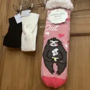 Sherpa Lined Soft Non-Slip Women's Pink Sloth Theme Slipper Sock and 2 Headband