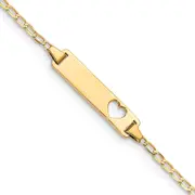 Solid 14K Yellow Gold Cut-out Heart Flat Curb Link ID Bracelet
