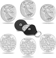 Sureio 6 Sets Guardian Angel Coins Gift Angels Pocket Tokens Bulk Lucky Faith Charms with Faux Leather Keychain Double Sided Memorial Keepsake for Prayer Family Friend, silver, Faith