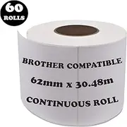 60 Rolls Brother Compatible DK 22205 62mm x 30.48m Postage Shipping Address Labels (Continuous Roll) DK22205 + Free Cartridge
