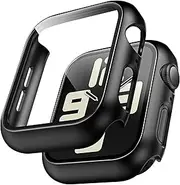 TAURI 2 Pack Hard Case Designed for Apple Watch Series SE 6 5 4 44mm [Full Protection], with 9H Tempered Glass Screen Protector [Touch Sensitive] Slim Bumper Protective Cover 44mm, Black