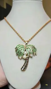 Betsey Johnson Gold Crystal Pearl Coconut Palm Tree Pendant Necklace New